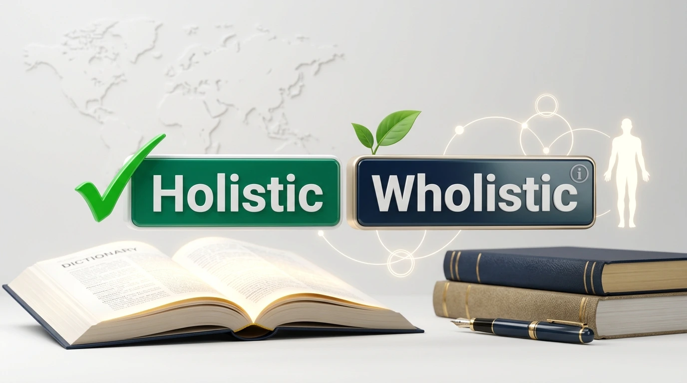 Ultra-realistic 3D comparison of the words "Holistic" and "Wholistic," highlighting holistic as the standard spelling with dictionary and wellness-themed elements.