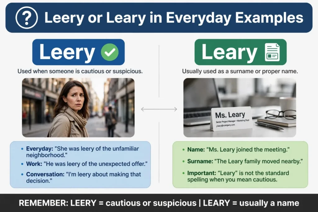 Leery or Leary in Everyday Examples